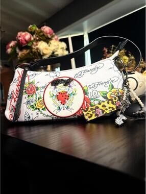 Ed Hardy Love Kills Slowly Shoulder Bag White Y2K Tattoo Rose Heart Purse NWT
